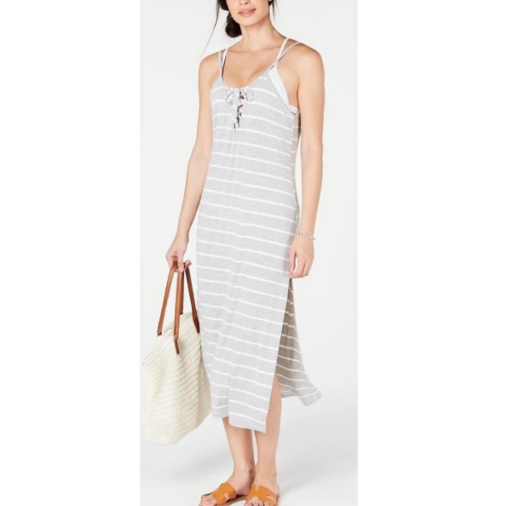 Miken Stripe Lace Up Midi Dress Beach Swim Cover Casual Sleeveless Junior Medium